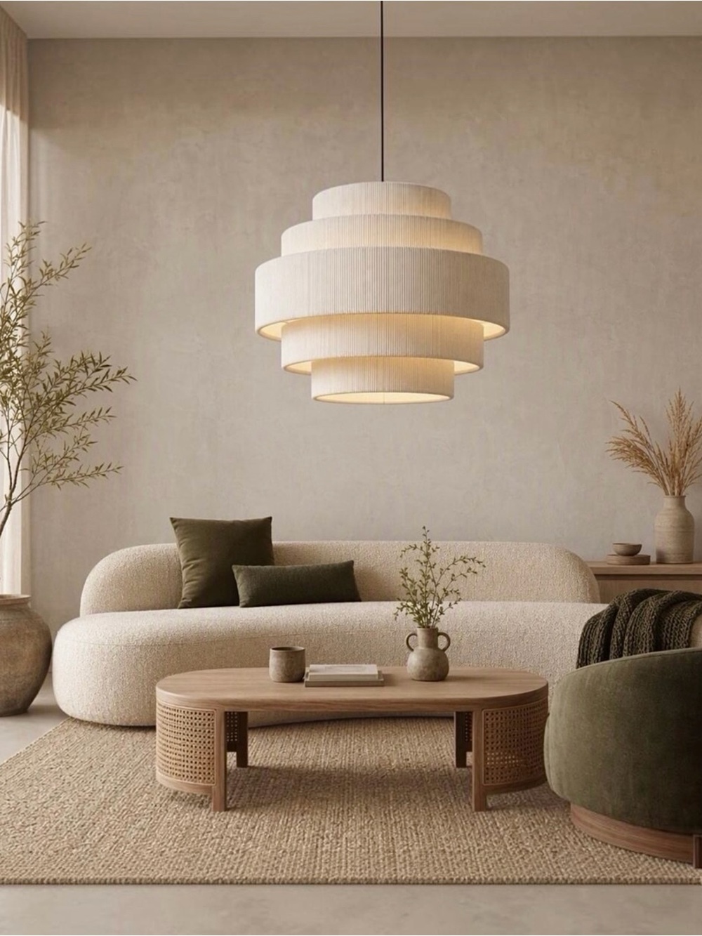 NEW West Elm 5-Tier Boho Beige Corduroy Boho Chandelier Hanging Light Fixture